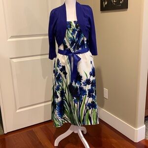 dressbarn Blue and White Floral Midi Dress with Sweater